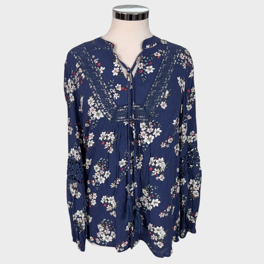 Falls Creek Womens Large Blue Floral Rayon Top Tie Neckline